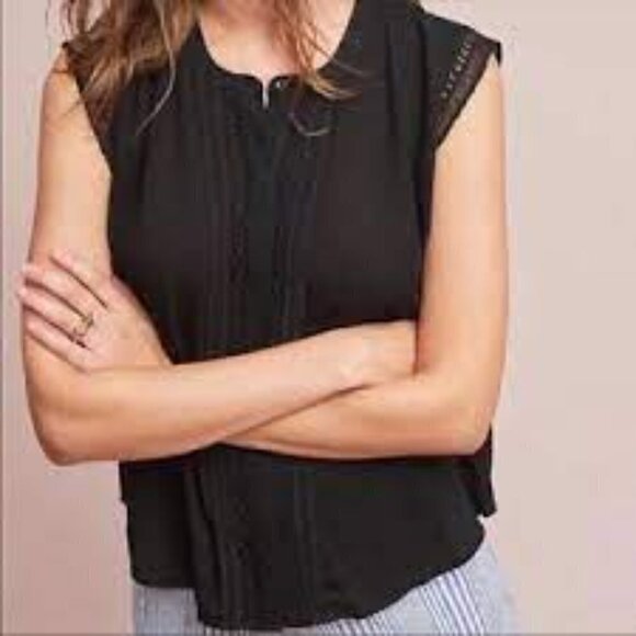 Anthropologie Eri + Ali Black Button Front Crochet Detail Sleeveless Top XS - Picture 2 of 10